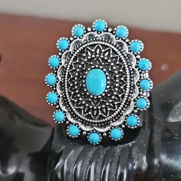 Turquoise and Silver Statement Ring - Picture 1 of 6